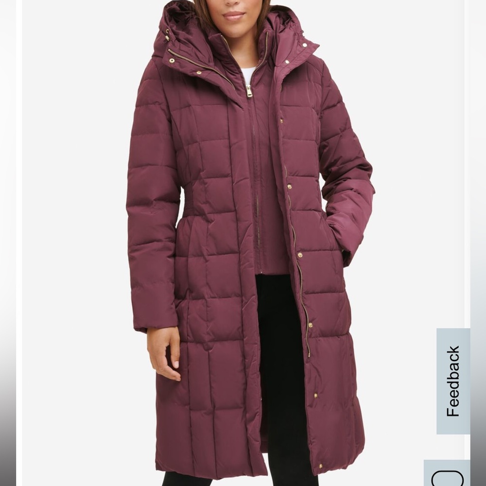 Cole Haan Signature Women's 40" Taffeta Down Hooded Coat, XS, Merlot, Preloved